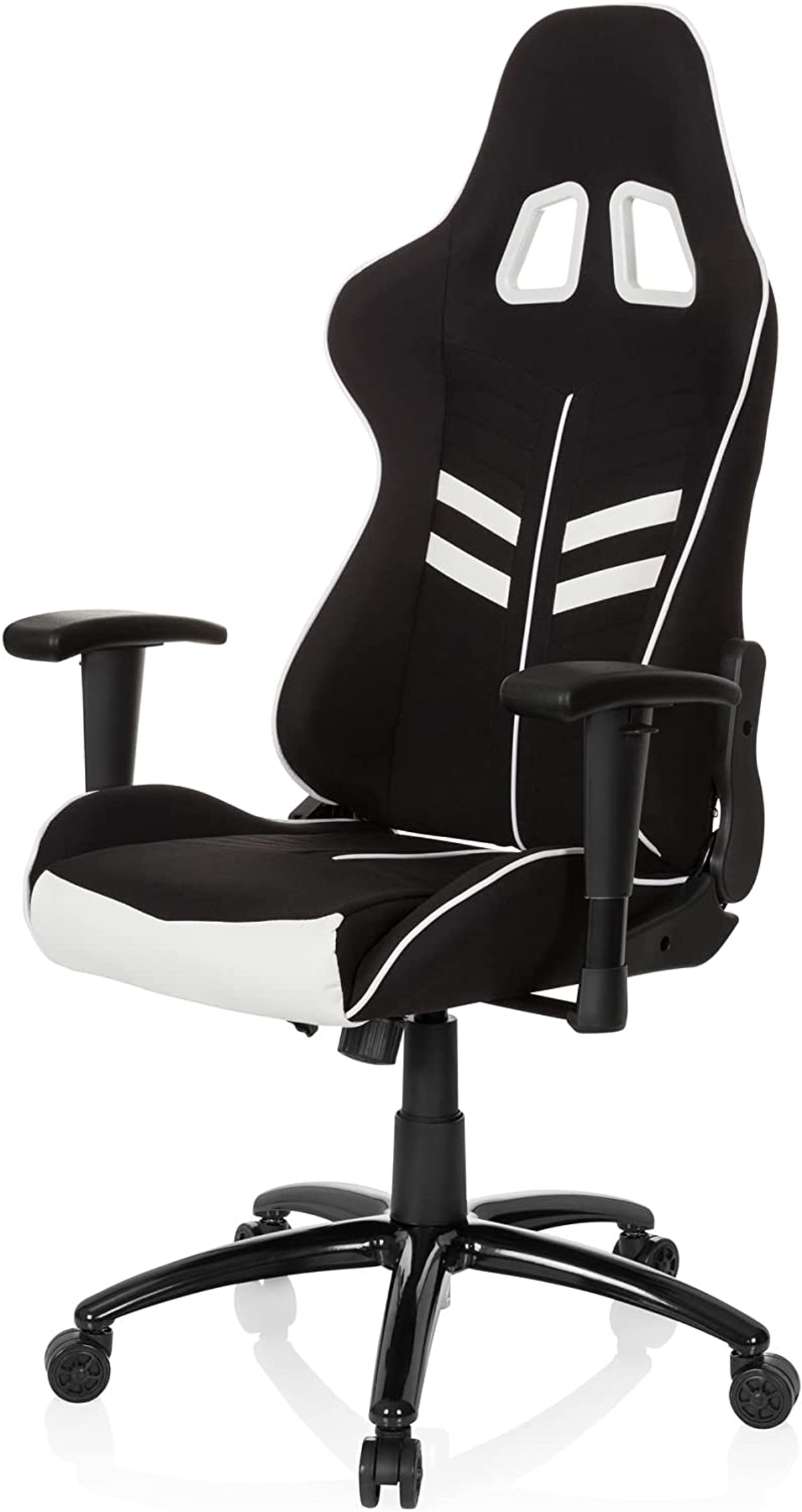 Schwarzer und weißer Gaming-Stuhl mit weißen Akzenten, hohem Rücken, Armlehnen und einem Fünf-Rollen-Gestell.