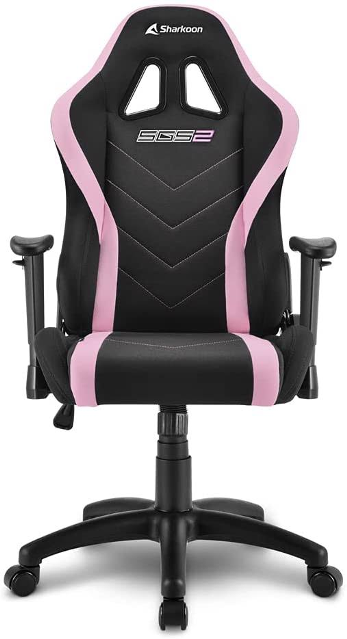 Silla gaming rosa y negra. Logotipo Sharkoon en el reposacabezas. Base negra con ruedas.