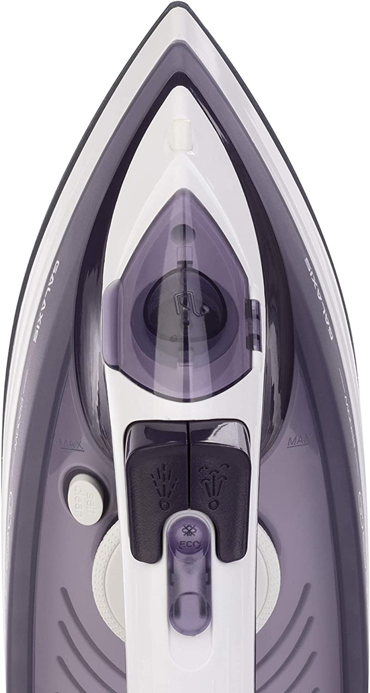 Draufsicht auf ein lila Bügeleisen. Die Knöpfe und Dampflöcher sind sichtbar. Die weiße Oberfläche ist sauber.