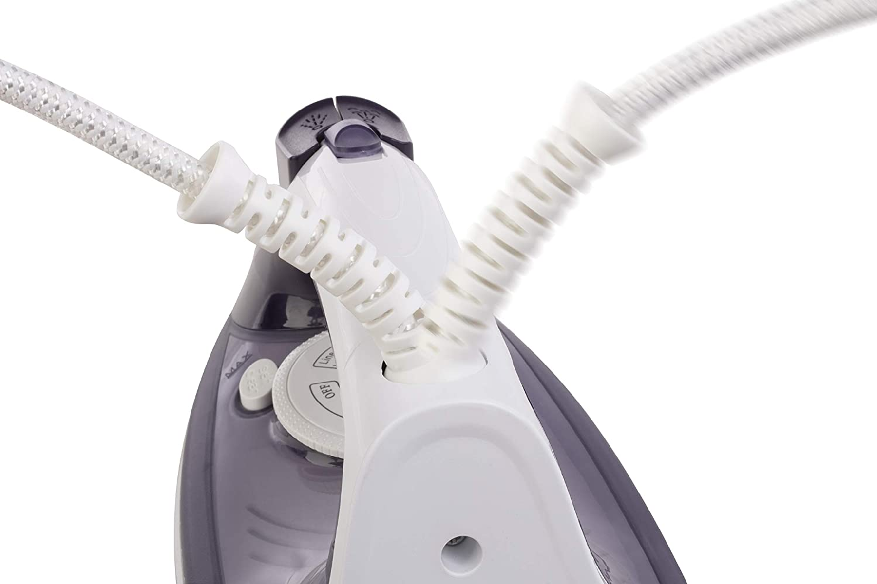 Weißes und graues Bügeleisen mit weißem Kabel. Nahaufnahme des Steuerbereichs des Bügeleisens.