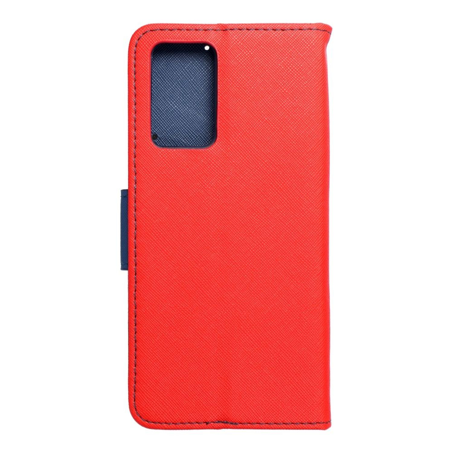 Una custodia per telefono rossa con interno blu. La custodia è chiusa, mostrando l'esterno.