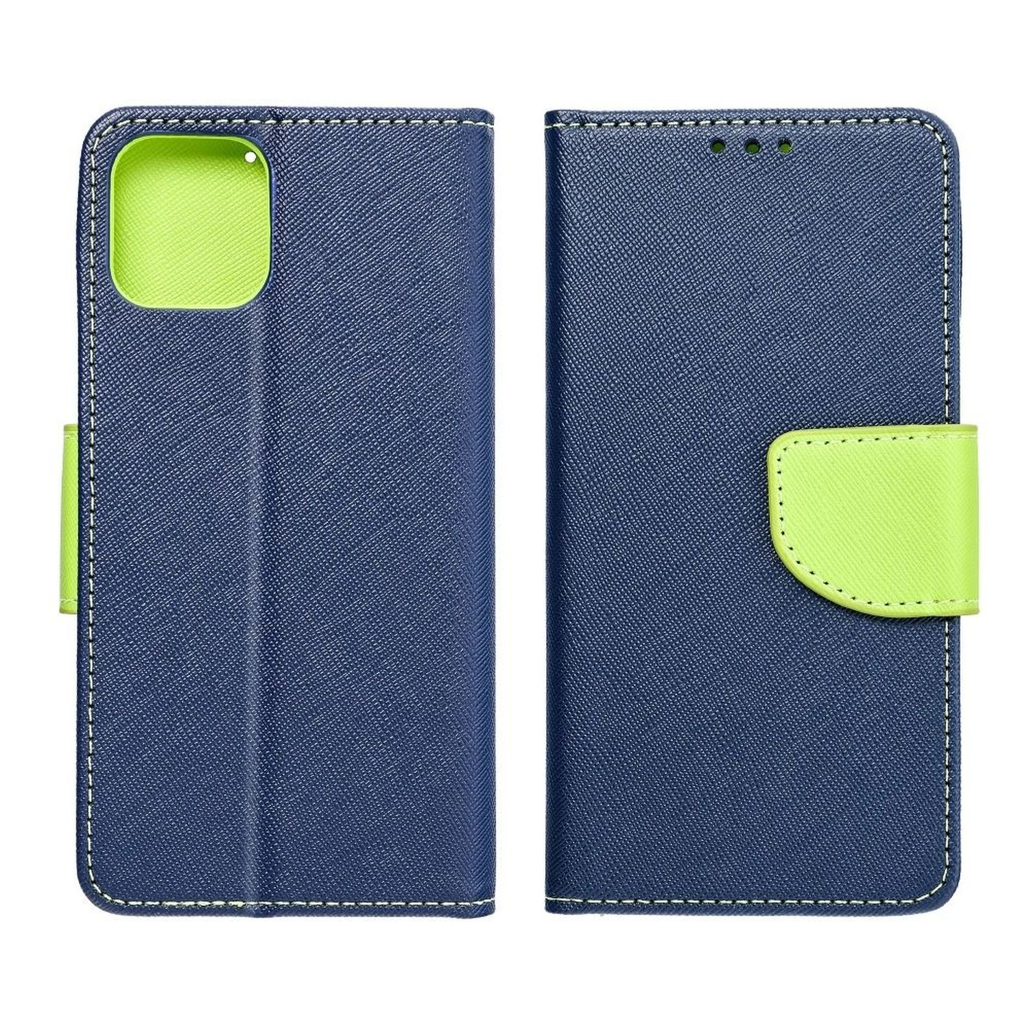 Custodia per telefono blu aperta con interno verde. Cuciture bianche. Sfondo bianco.