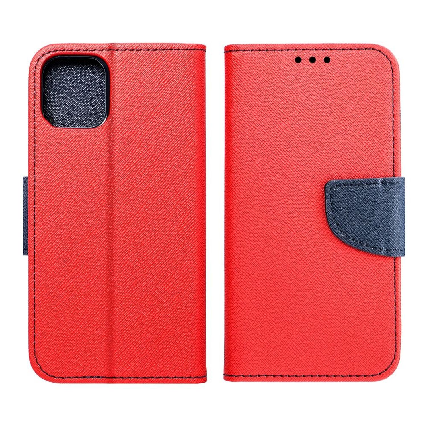 Custodia rossa per telefono, aperta, mostra esterno rosso e patta interna blu scuro.