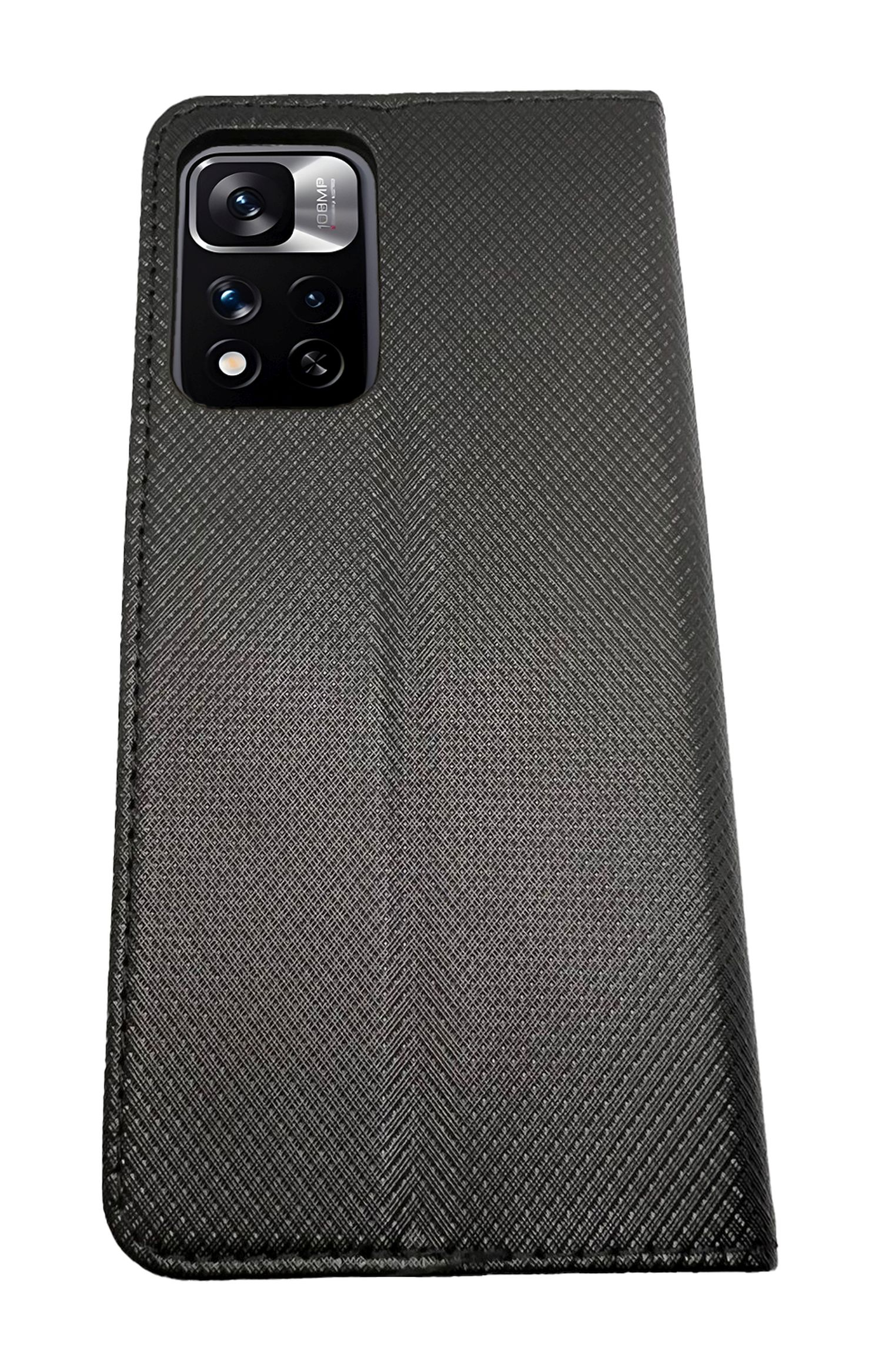 Custodia nera per telefono con sporgenza della fotocamera e motivo strutturato.