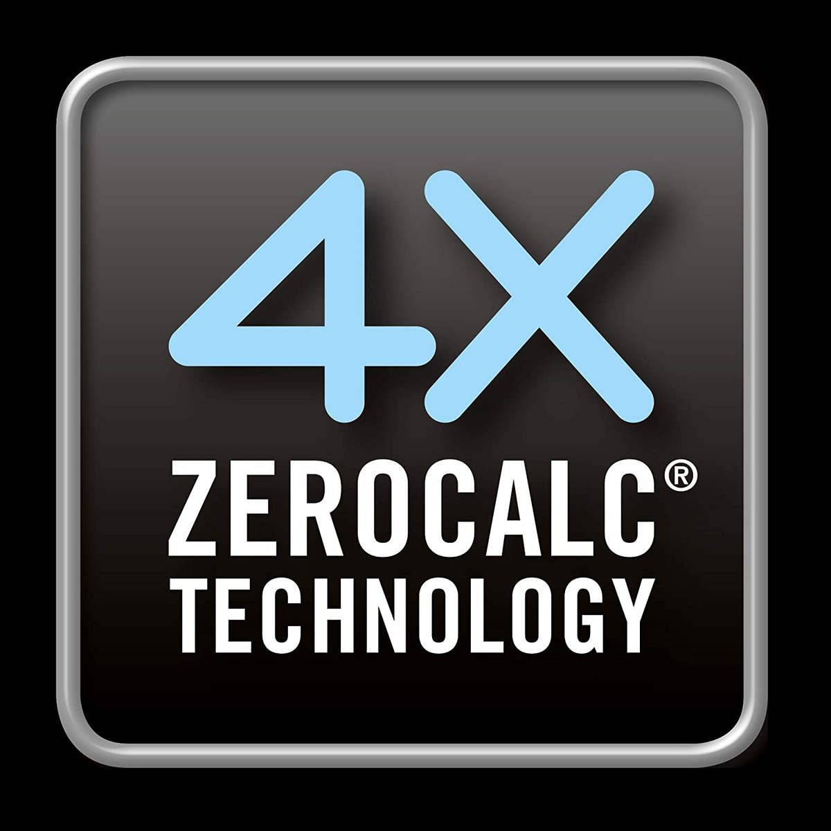 Quadratisches Symbol mit dem Text '4X ZEROCALC TECHNOLOGY' in Weiß auf schwarzem und grauem Hintergrund.