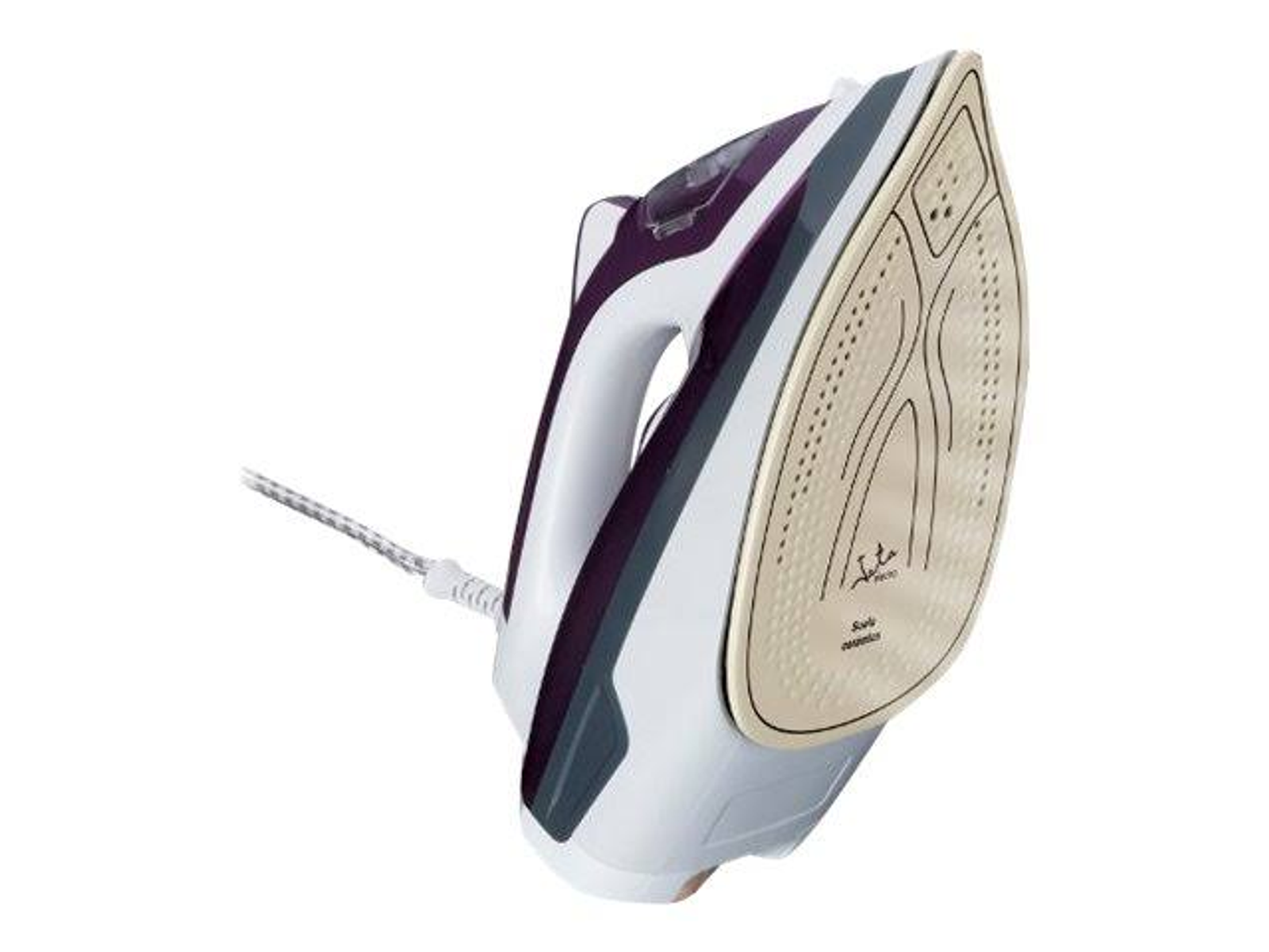 Fioletowe i białe żelazko. Stopa jest ustawiona pod kątem do widza.