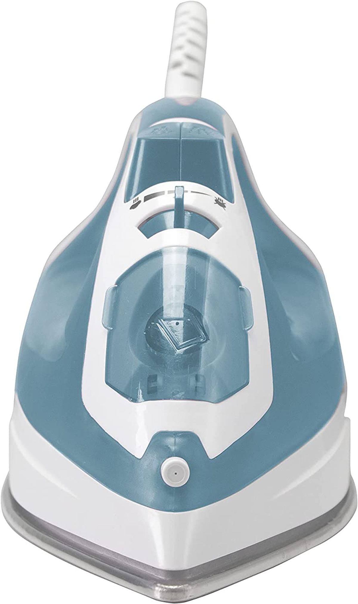 Vista dall'alto del ferro da stiro a vapore. Design blu e bianco, con vista del serbatoio dell'acqua. Manico e base bianchi.