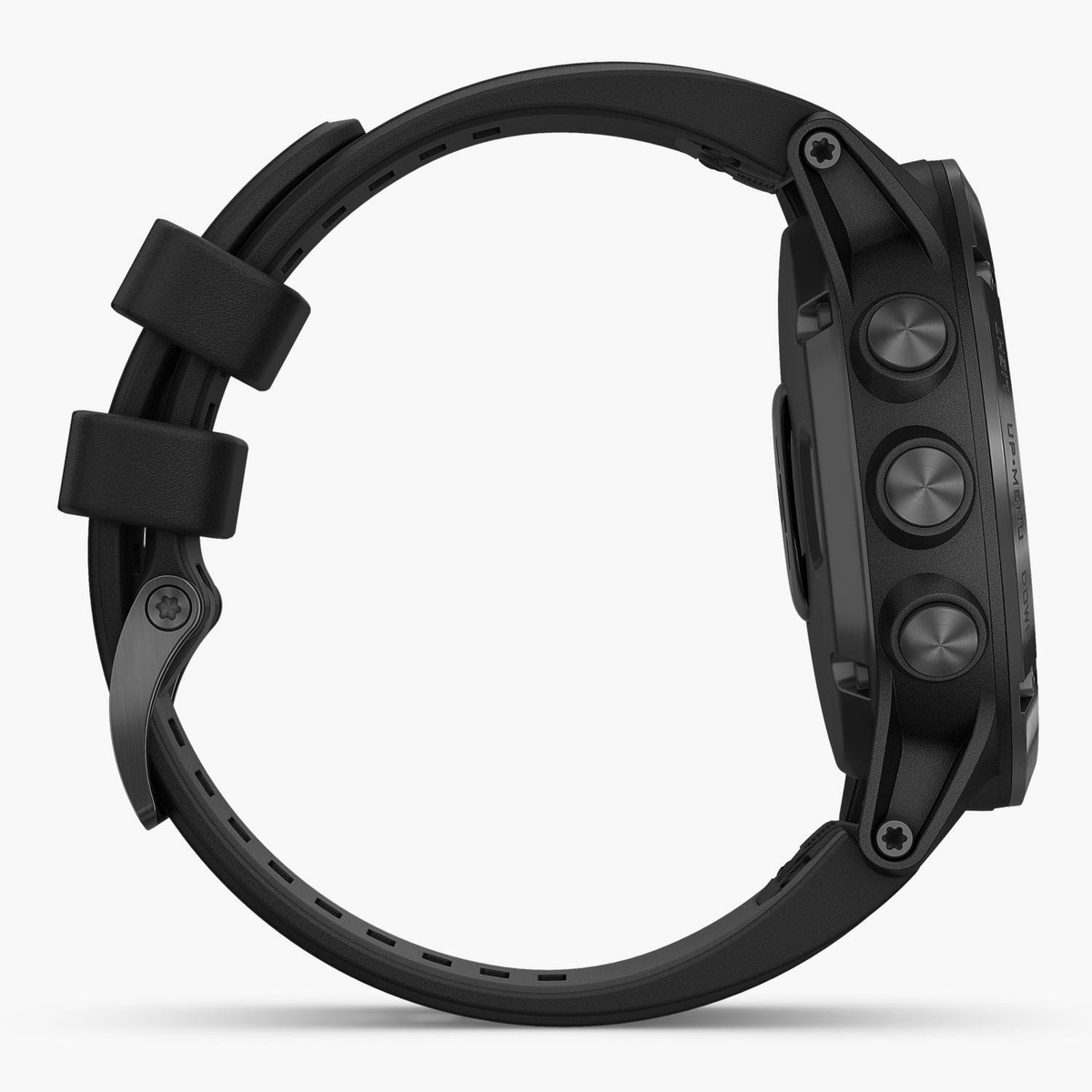 Schwarze Smartwatch. Seitenansicht mit Knöpfen und Armband. Schwarzes Armband.