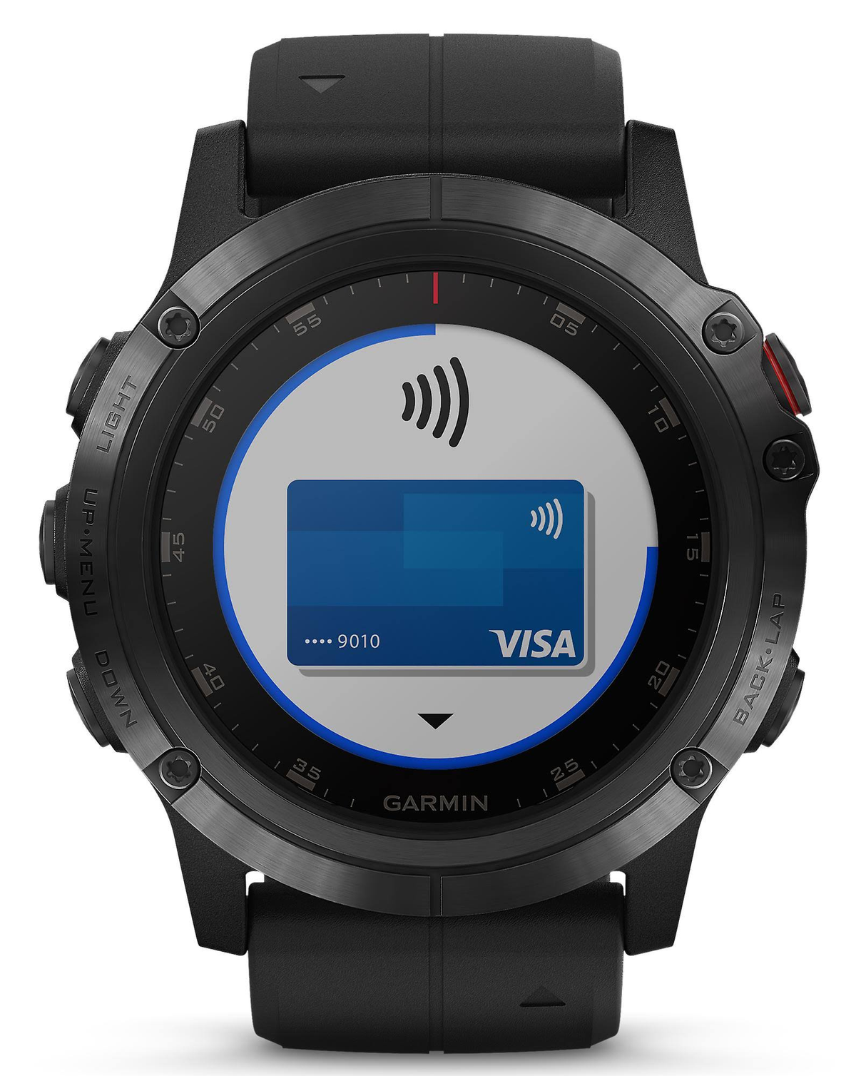 Garmin Smartwatch mit einer auf dem Bildschirm angezeigten Karte, die eine Visa-Karte und ein Symbol zeigt.