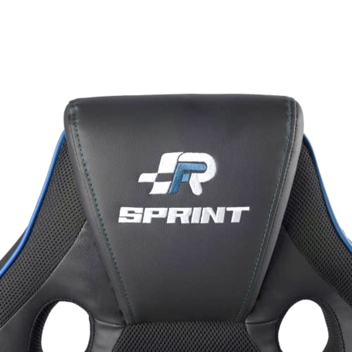 Primer plano del reposacabezas de una silla gaming Sprint con logo y costuras azules.