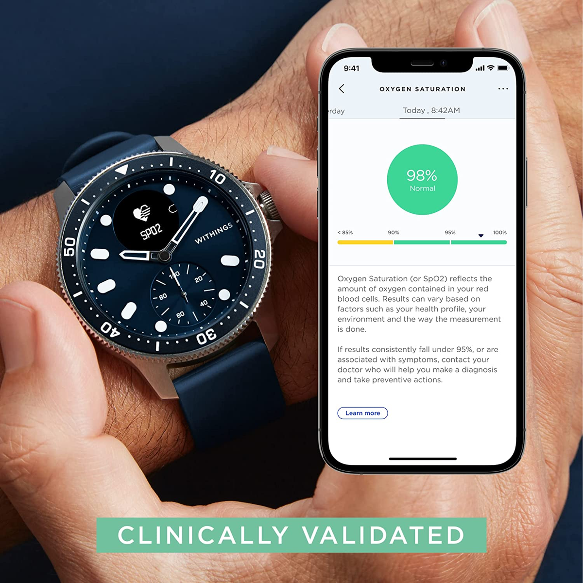 Eine Smartwatch zeigt Sauerstoffsättigungsdaten an, ein Telefon zeigt dieselben Informationen.
