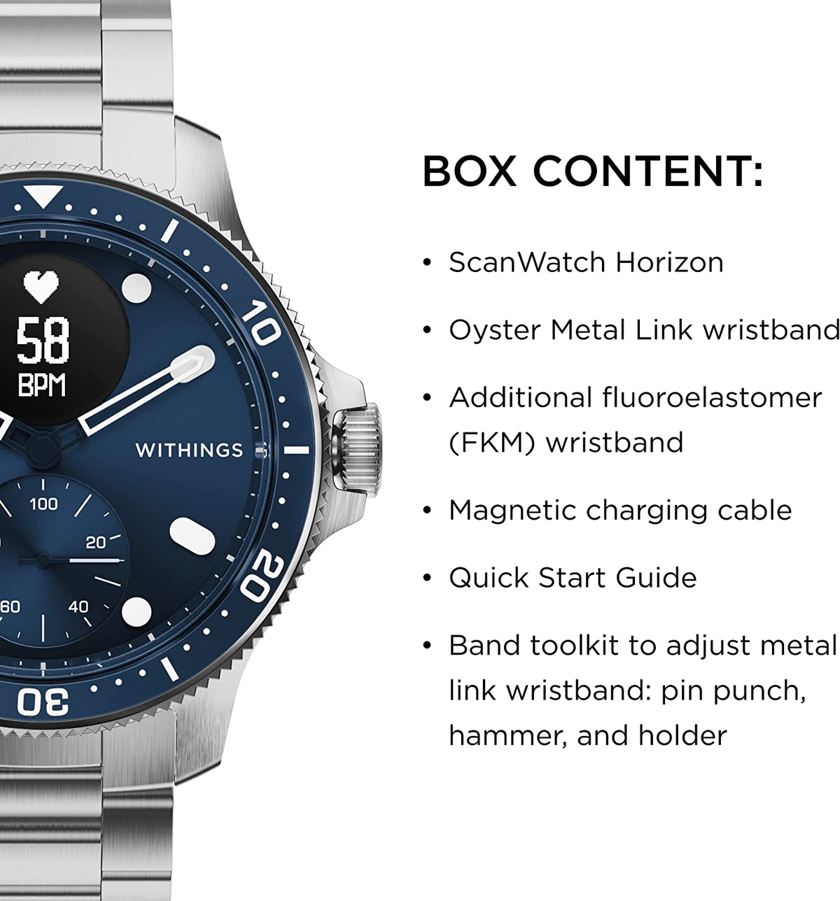 Eine Smartwatch mit blauem Zifferblatt, die Herzfrequenzdaten anzeigt, und eine Liste des Boxinhalts.