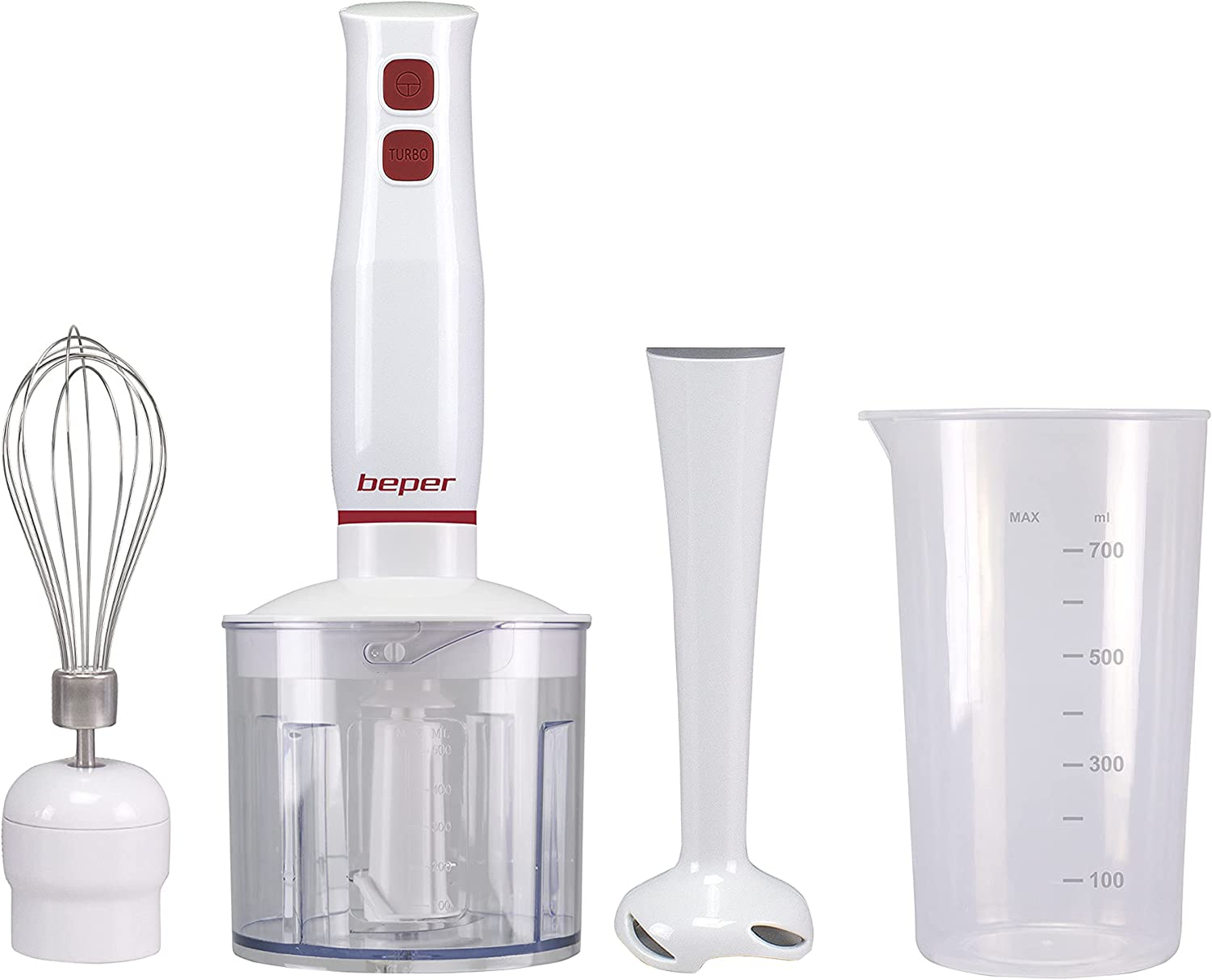 Frullatore a immersione bianco e accessori. Include frusta, tritatutto e misurino.