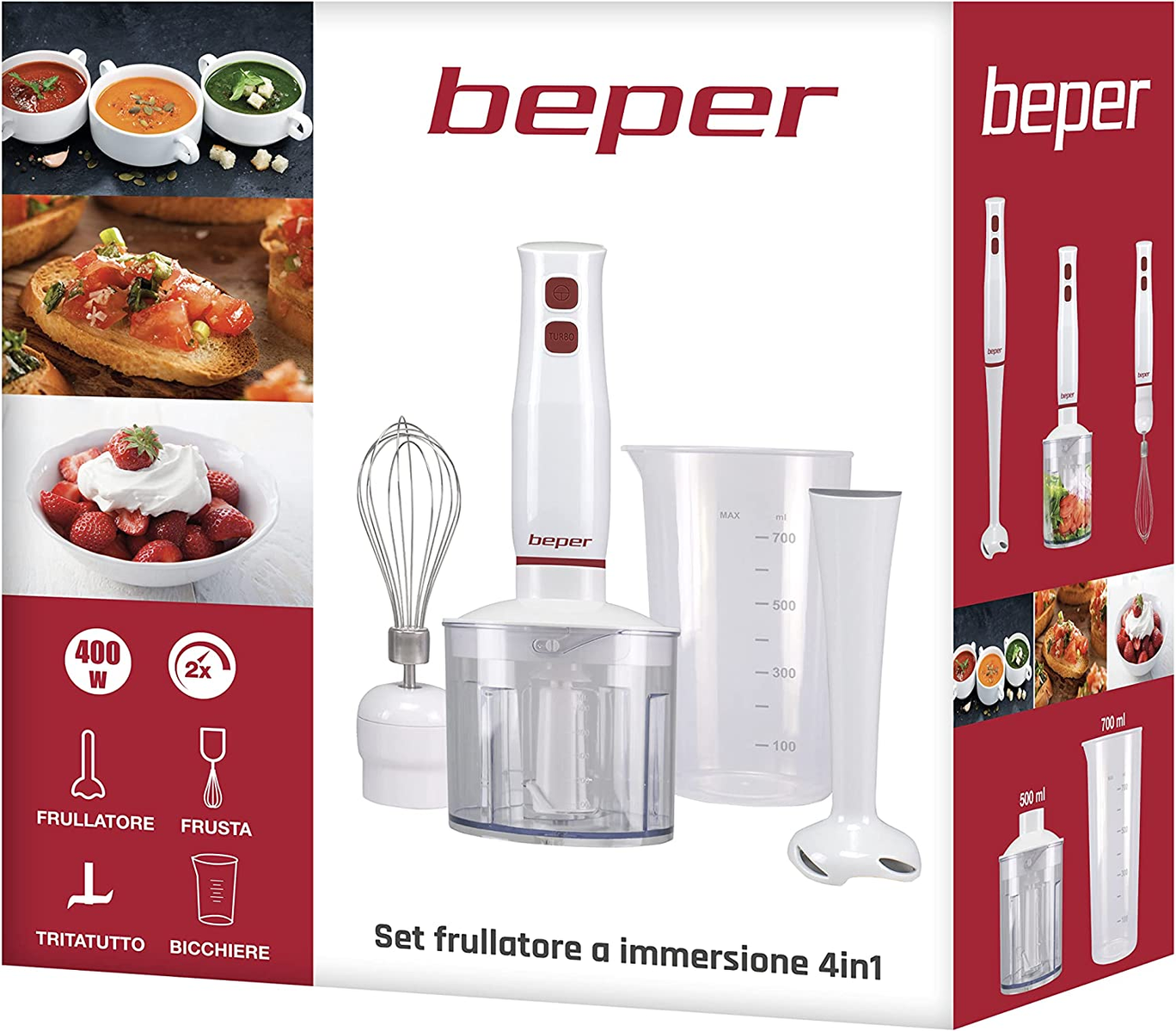 Un set di frullatore a immersione bianco con accessori ed esempi di preparazione di cibi e piatti.