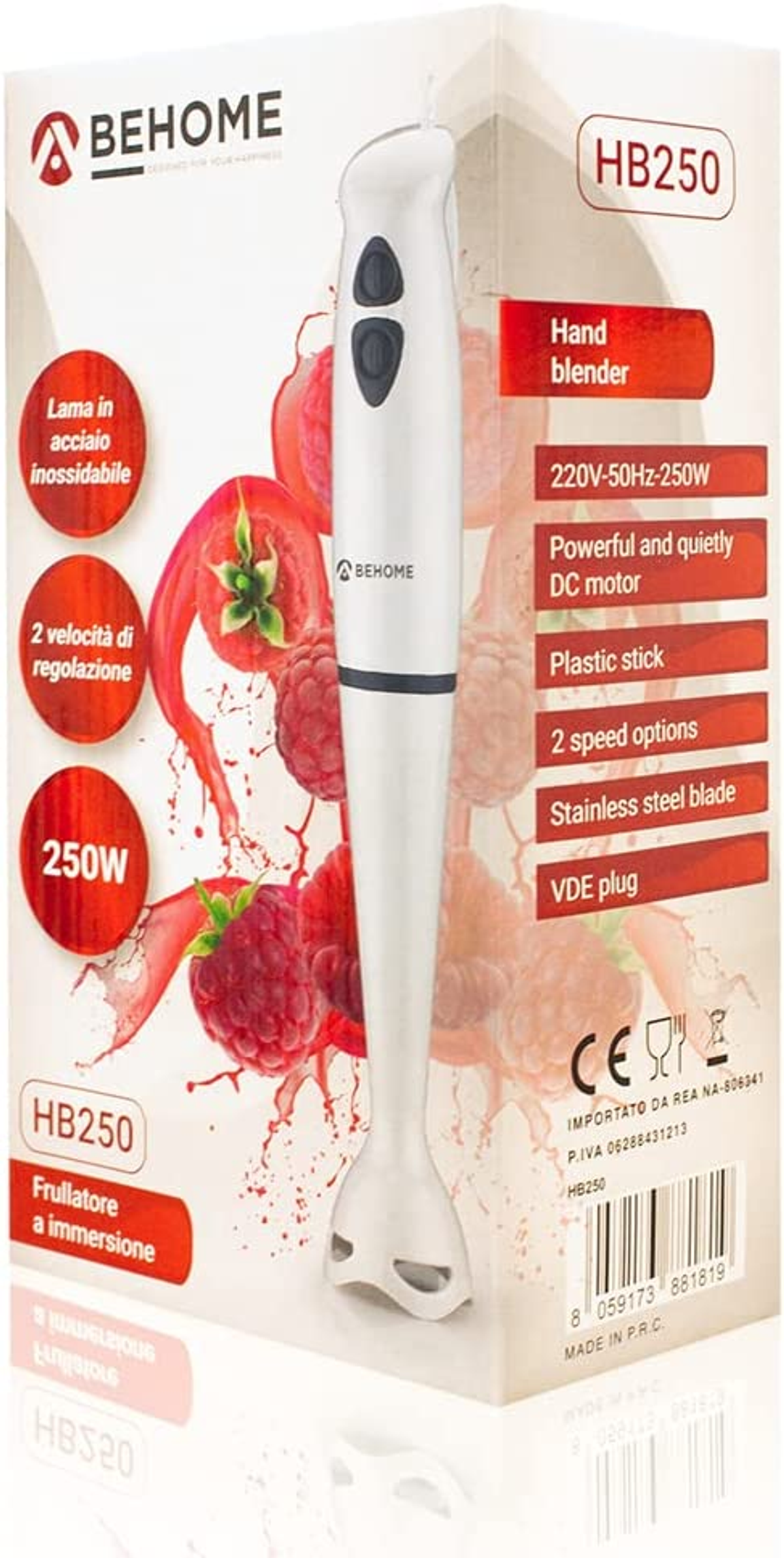 Handmixer in einer Box. Die Box hat den Produktnamen HB250. Sie enthält auch Details.