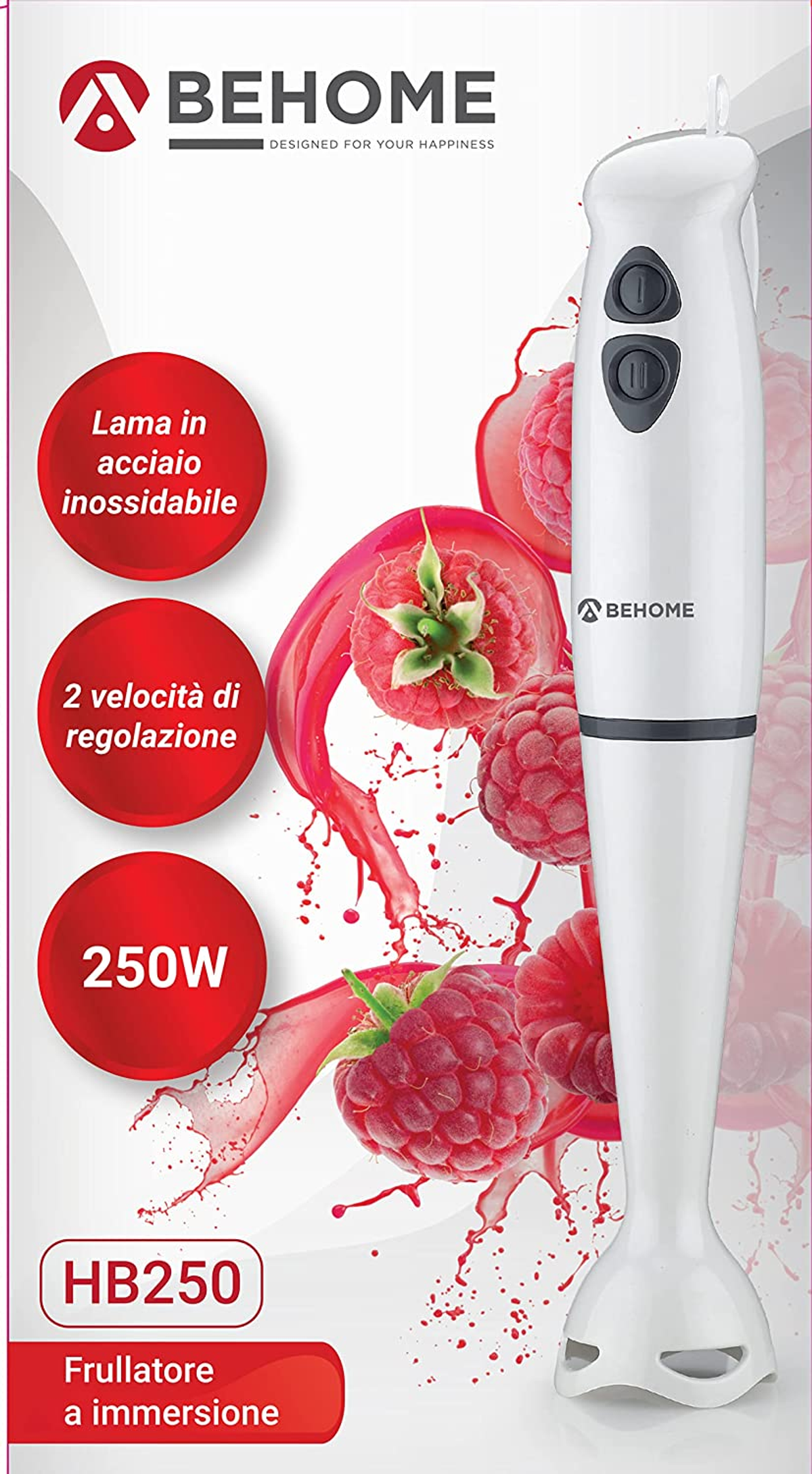 Weißer Stabmixer mit Text und Bildern von einem Himbeerspritzer. Weißer Hintergrund.