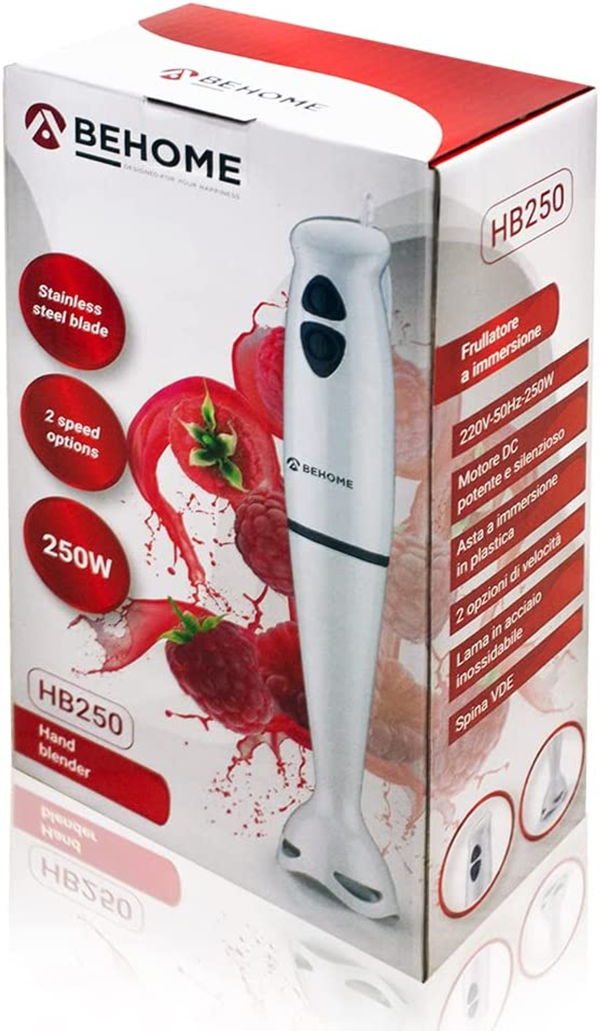 Stabmixer in seiner Box, mit Bildern von Früchten. Die Box hat Text in mehreren Sprachen.