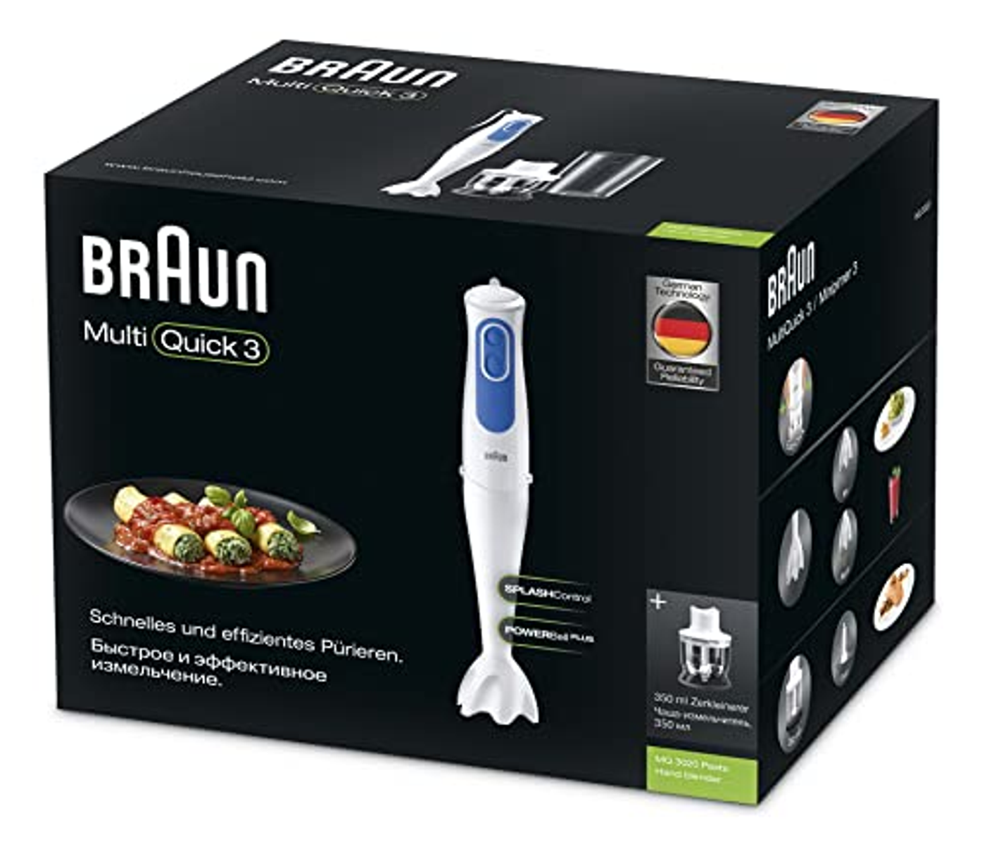 Verpackter Braun Multi Quick 3 Stabmixer mit Produktbild und Zubehör.