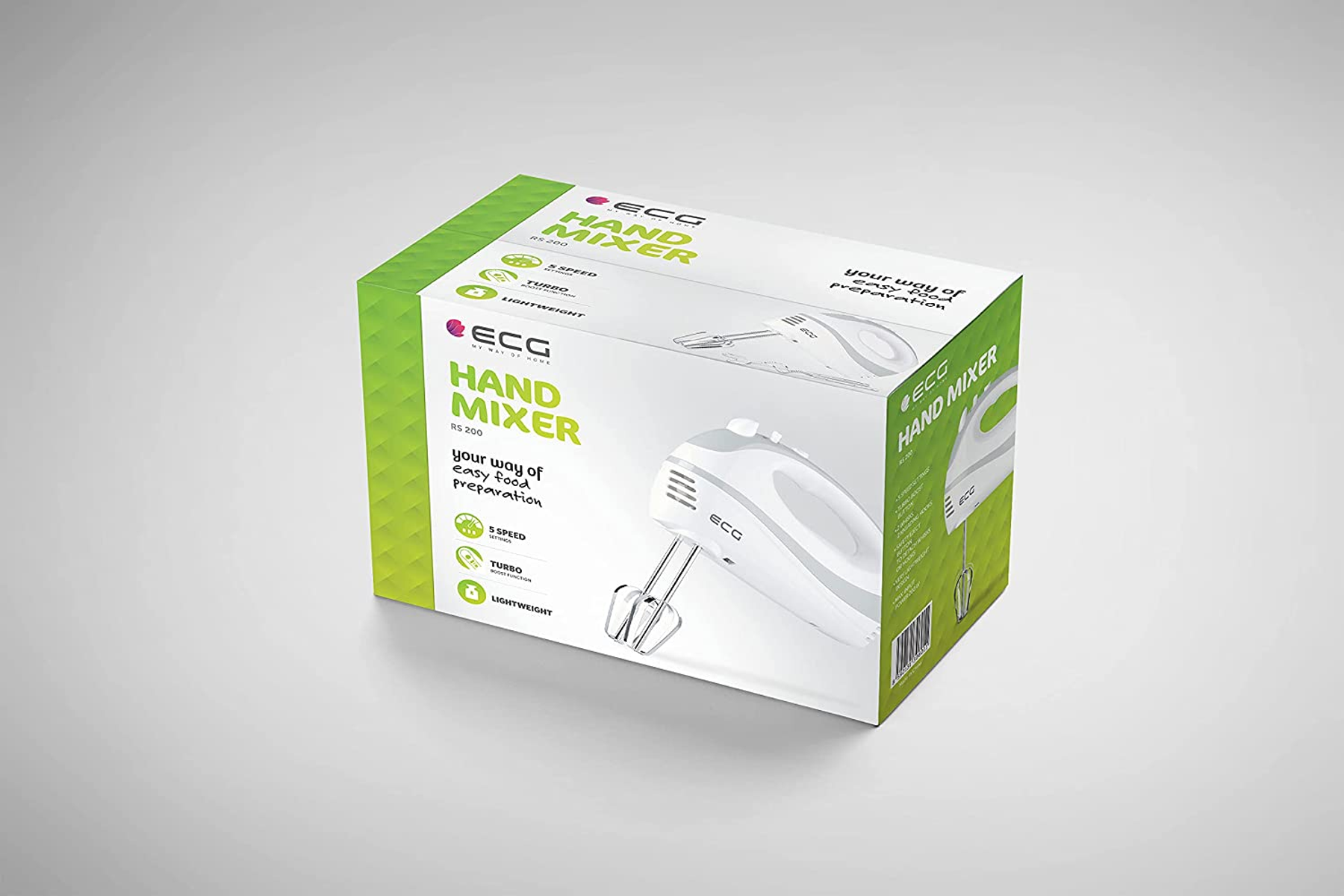 Handmixer-Box, weiß und grün. Die Box hat Produktbilder und Text. Grauer Hintergrund.