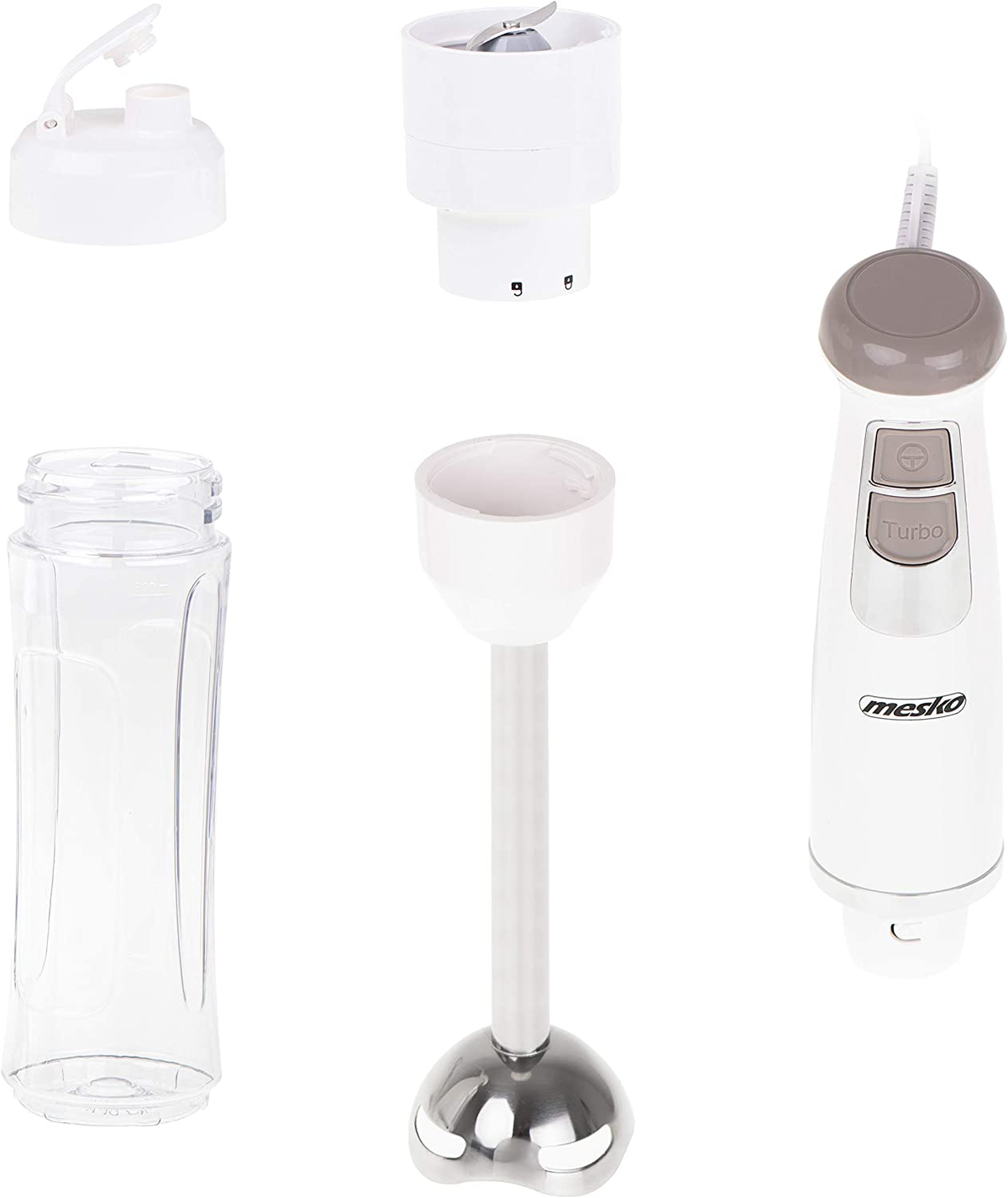 Weiße Mesko-Blenderteile: Klinge, Becher, Flasche und Motor. Isoliert auf Weiß.