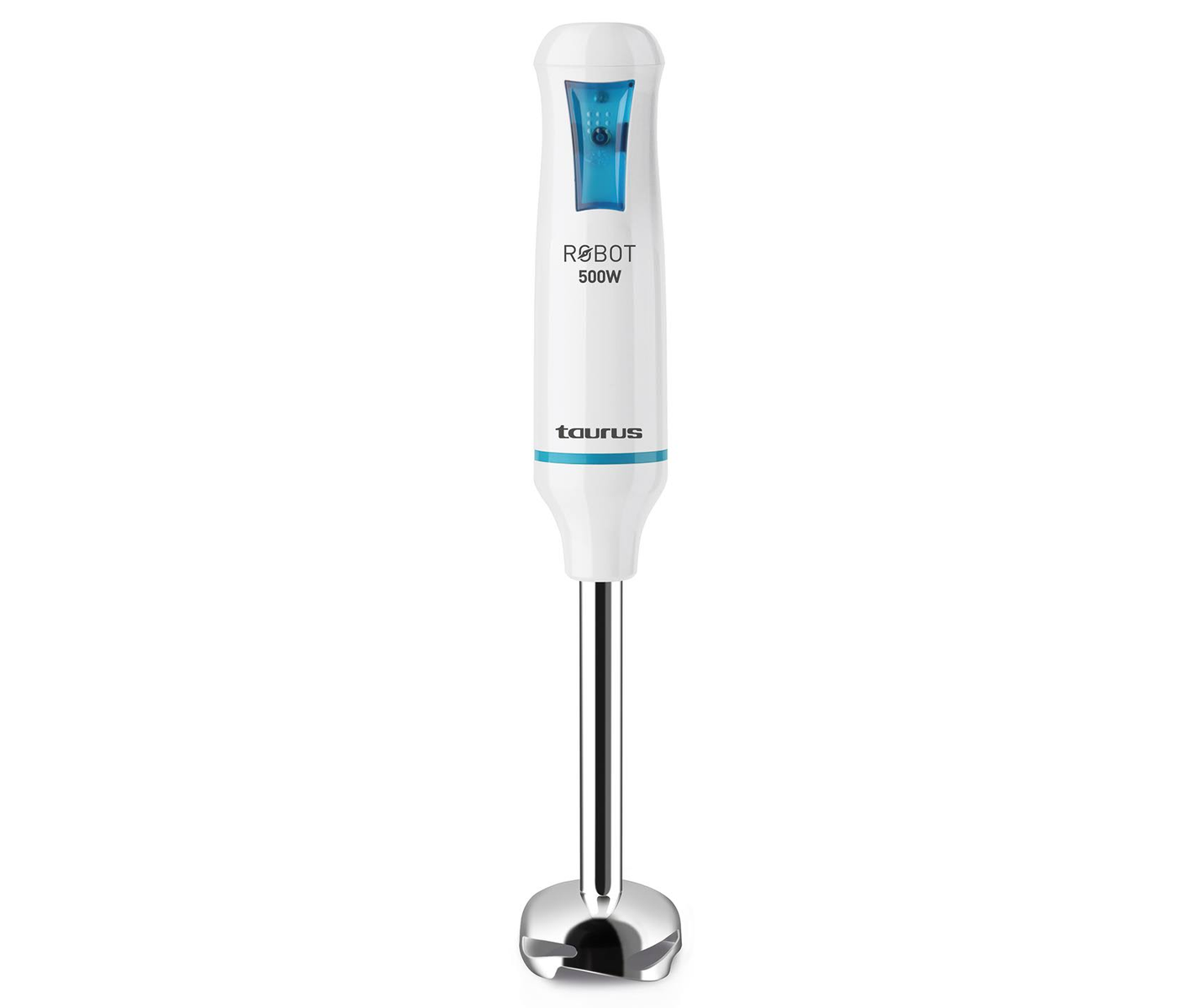 Batidora de inmersión Taurus Robot 500W blanca y azul sobre fondo blanco.
