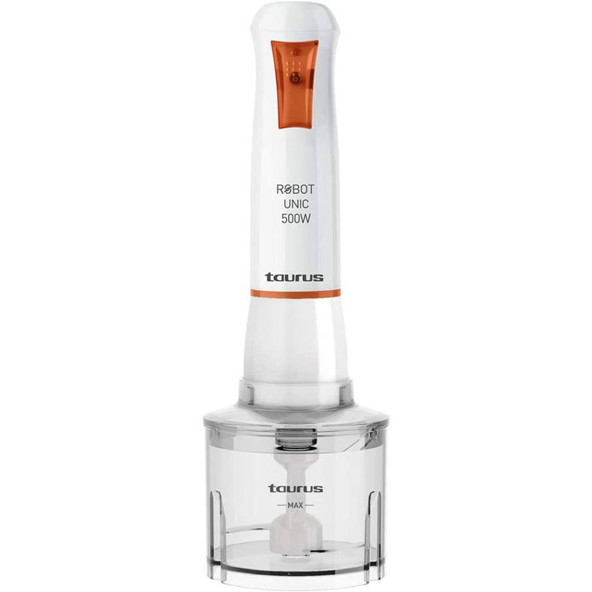 Batidora de mano Taurus blanca y naranja con recipiente y texto en el cuerpo.