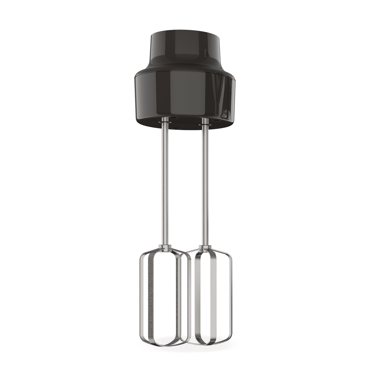 Pokazano dwa elementy mocujące miksera. Są w kolorze srebrnym i na białym tle.