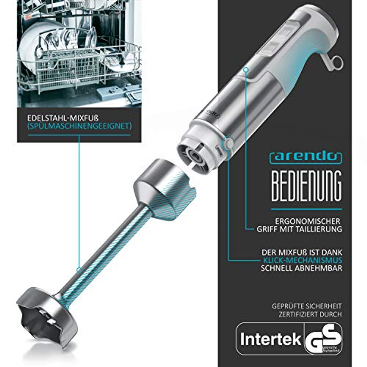 Handmixer mit zerlegtem Teil. Der Mixer wird mit einem Diagramm gezeigt. Weißer Hintergrund.