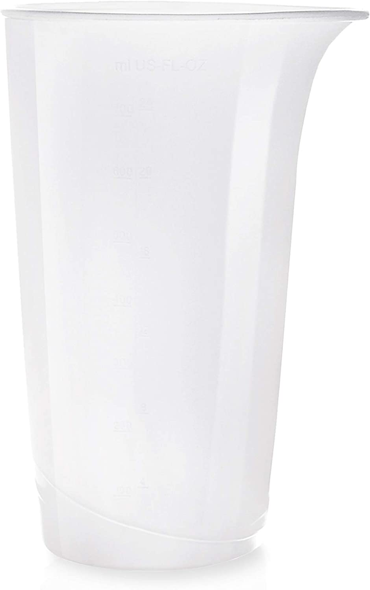Przezroczysty plastikowy kubek z miarką. Ma miarki ml i US-FL OZ z boku.