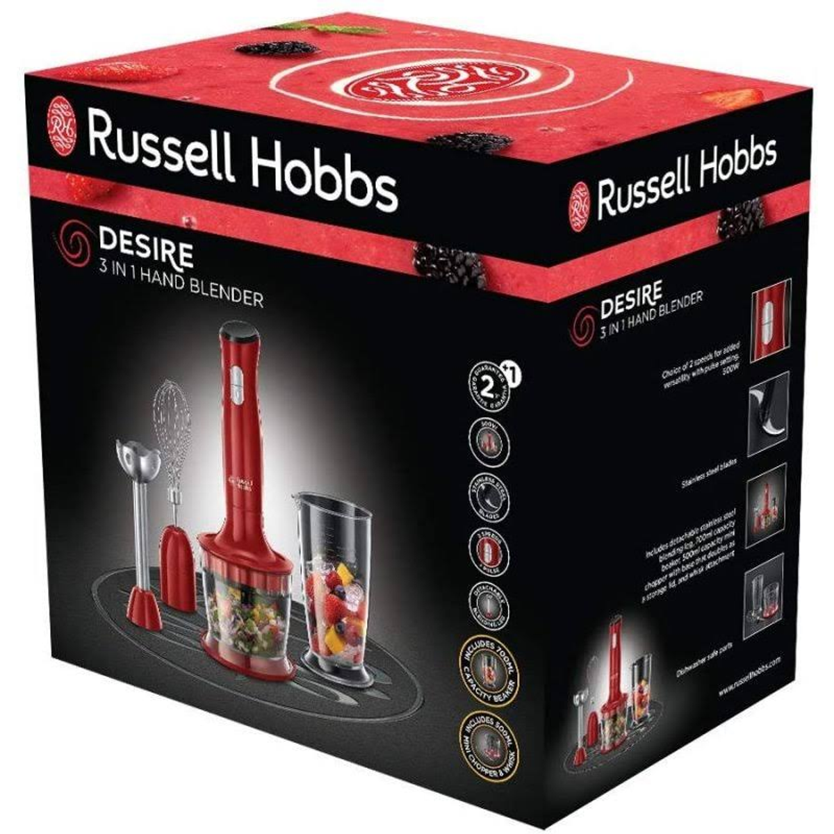 Roter und schwarzer Russell Hobbs Desire Handmixer-Karton mit Zubehör auf einem Tisch.