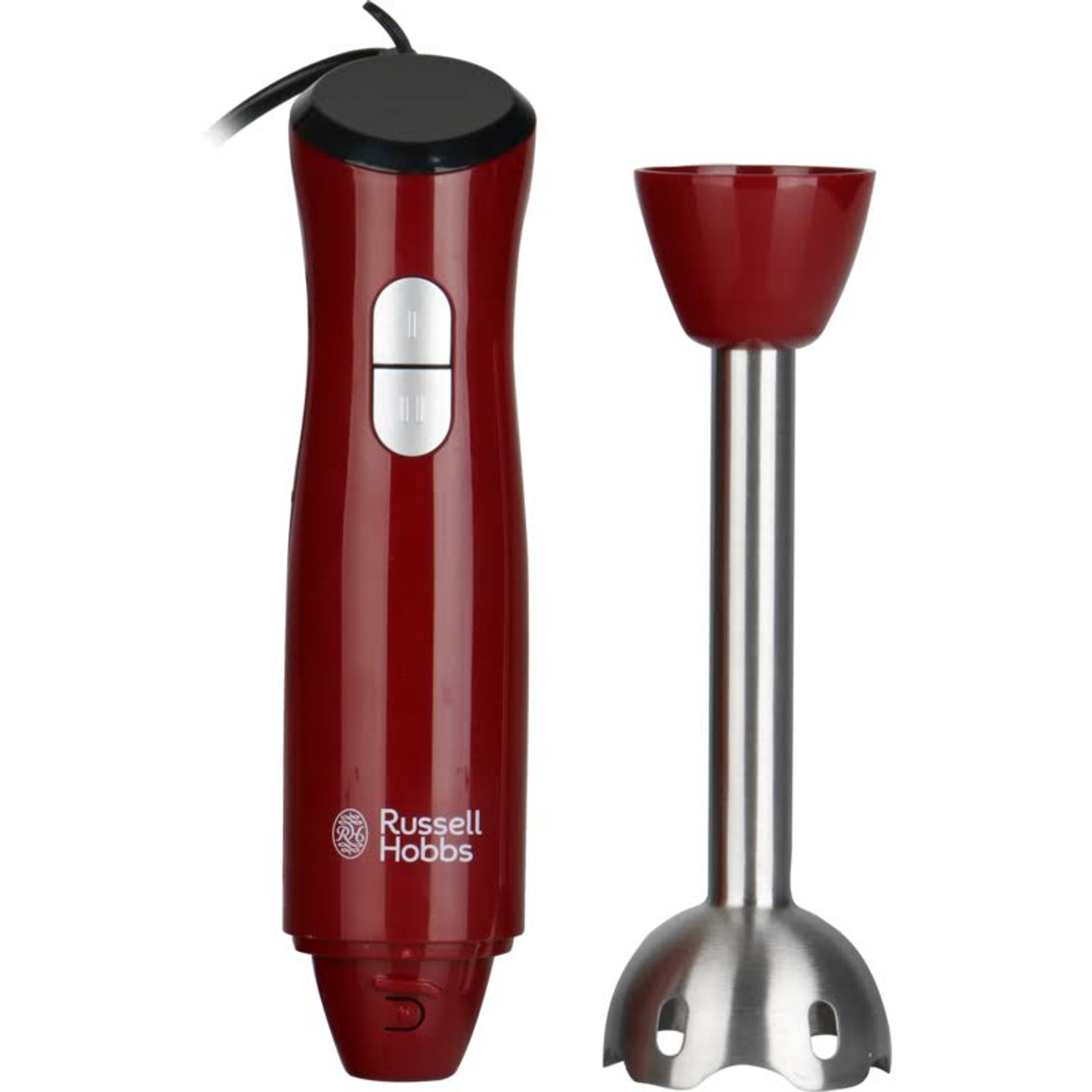 Ein roter Russell Hobbs Stabmixer mit abnehmbarem Mixaufsatz. Schwarzes Kabel und Knöpfe sind sichtbar.