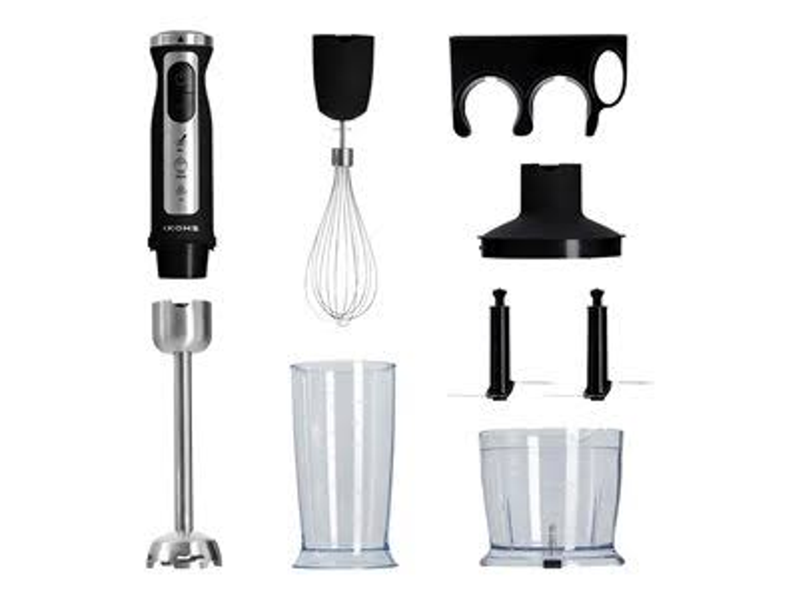Licuadora desmontada, con partes: motor, accesorios de cuchillas y dos vasos.