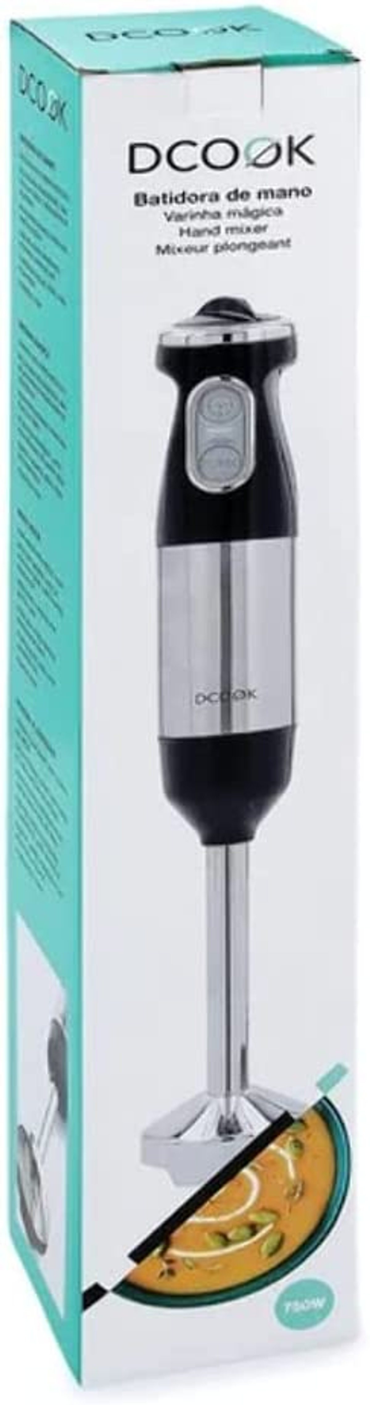 DCOOK Stabmixer in einer Box. Der Mixer ist schwarz und silber.