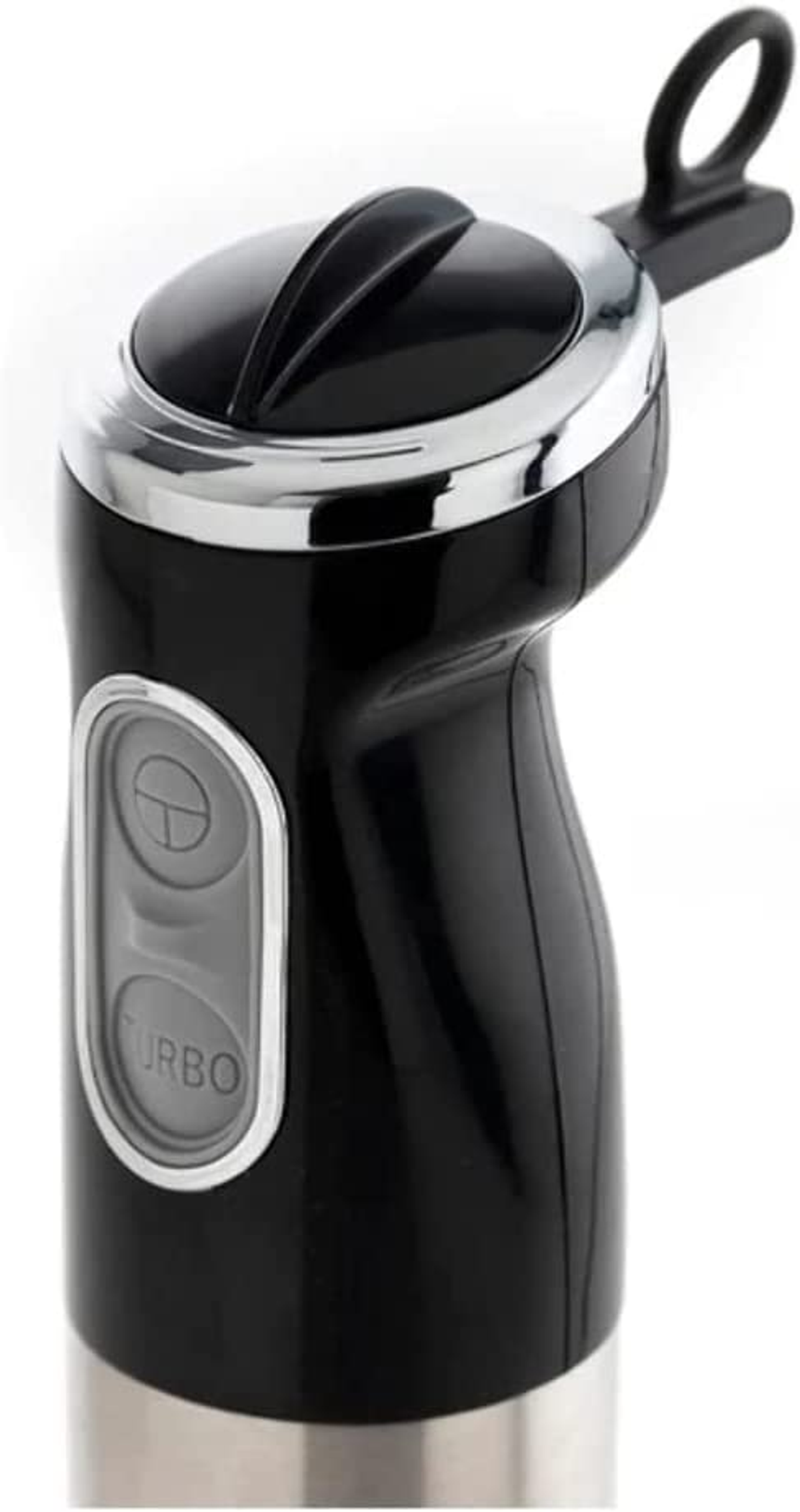 Schwarzer Stabmixer, Turbotaste, Metalldetails, weißer Hintergrund.