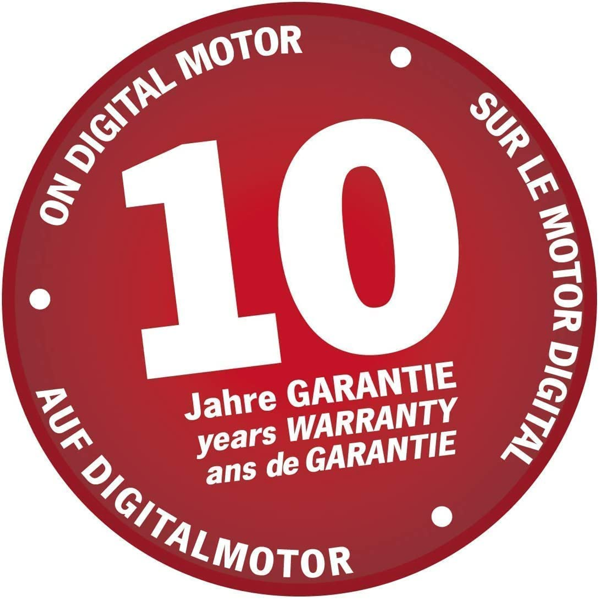 Ein roter Kreis mit weißem Text. Er lautet "10 Jahre GARANTIE" und "ON DIGITAL MOTOR".