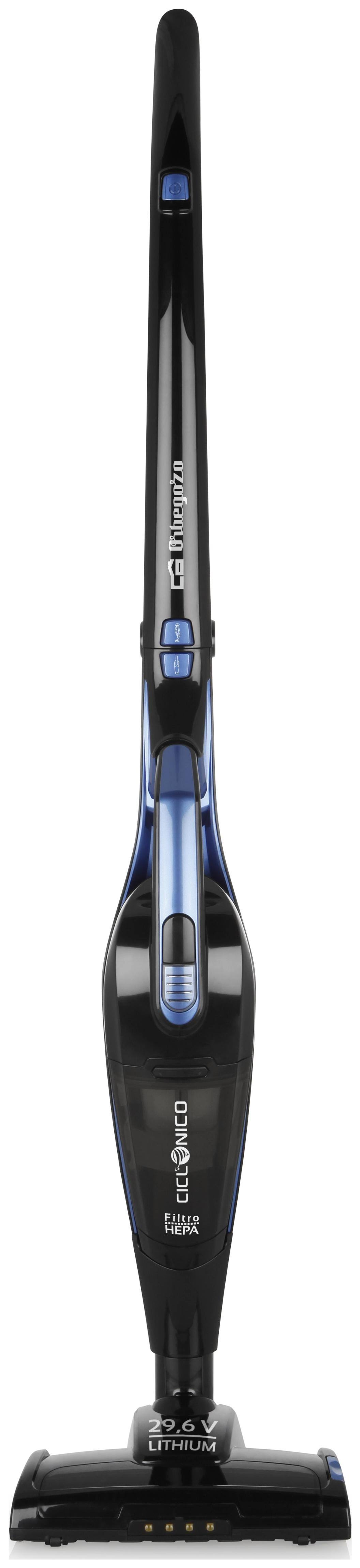 Una aspiradora inalámbrica negra con detalles azules, vista verticalmente.