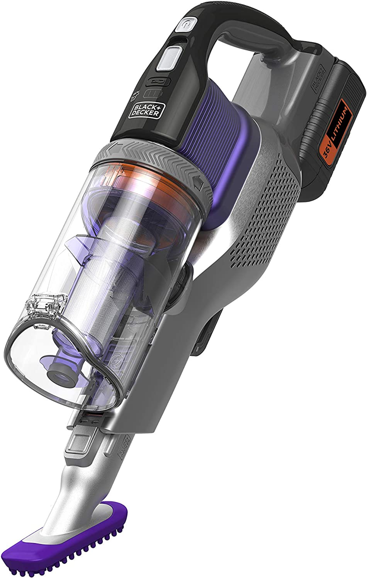 Handheld vacuum cleaner, gray and purple. Clear dustbin, with purple brush attachment.