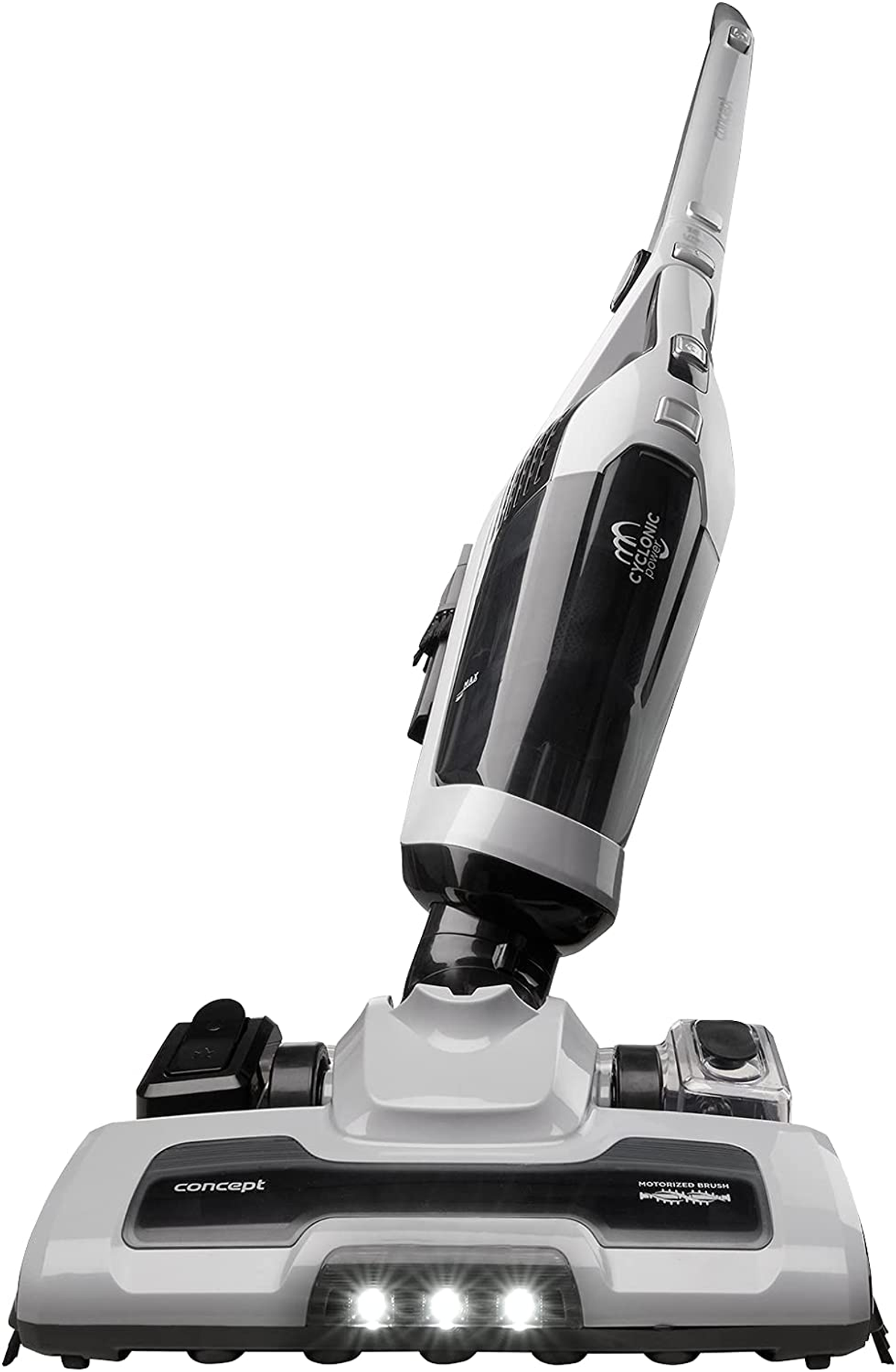 Biały i szary odkurzacz bezprzewodowy, z czarną sekcją i napisem 'CYCLONIC'.