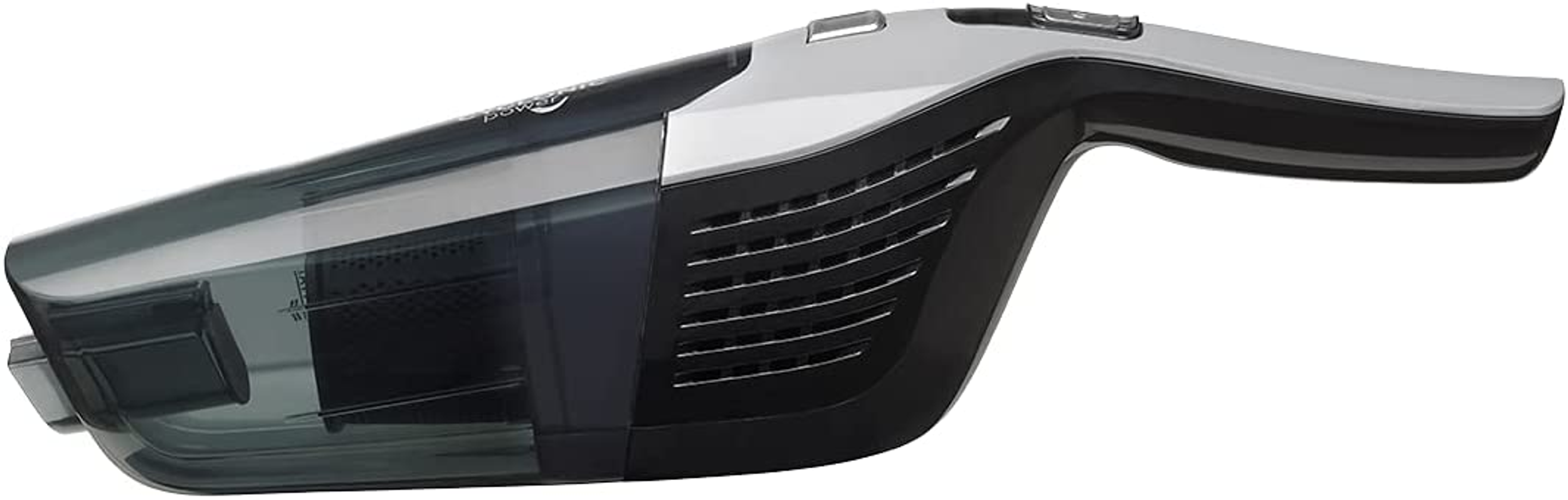 Czarny i srebrny odkurzacz ręczny, widok z boku. Tło jest białe.