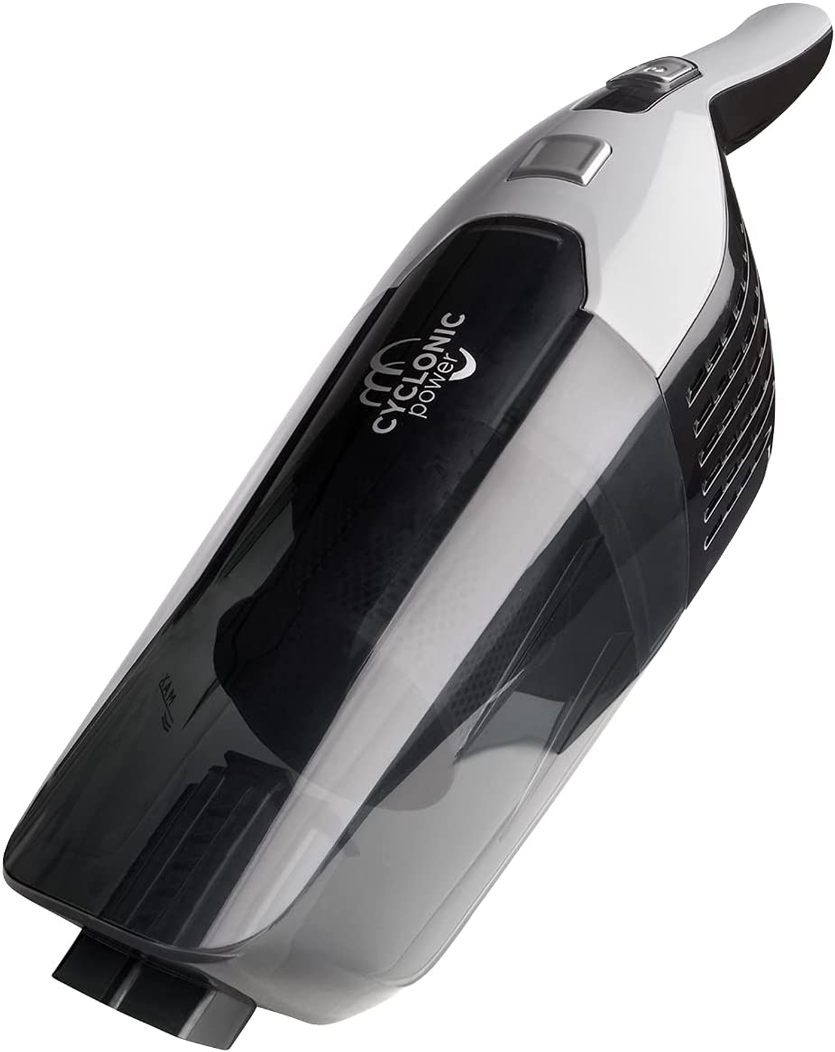 Biało-czarny odkurzacz ręczny z napisem "CYCLONIC power".