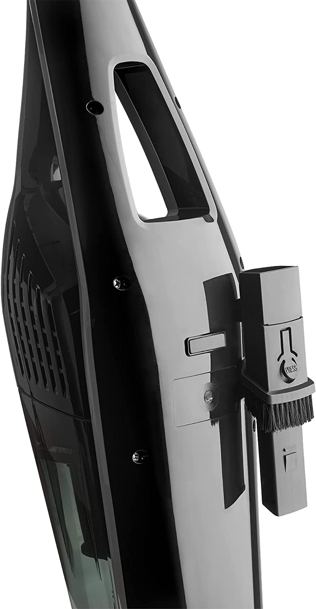 Czarny i szary odkurzacz bezprzewodowy. Widok z boku, z załącznikami.