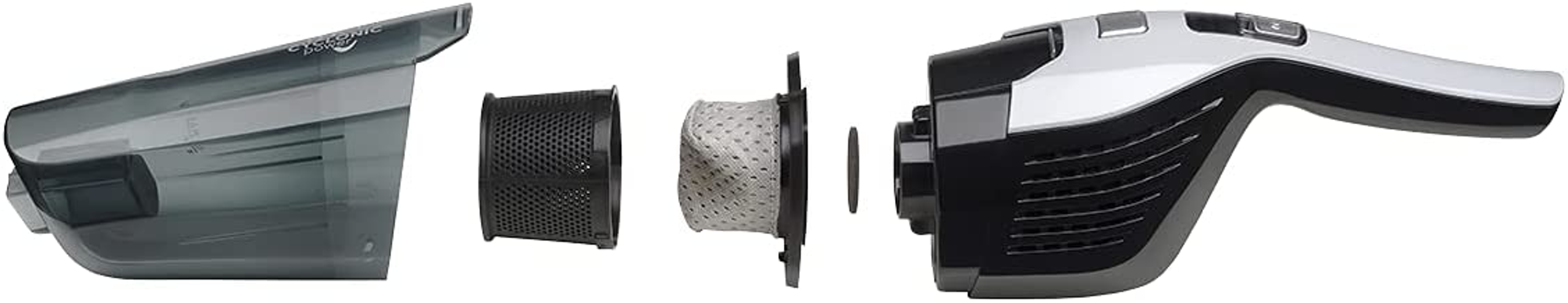 Zdemontowane elementy odkurzacza: pojemnik na kurz, filtr i korpus. Na białym tle.