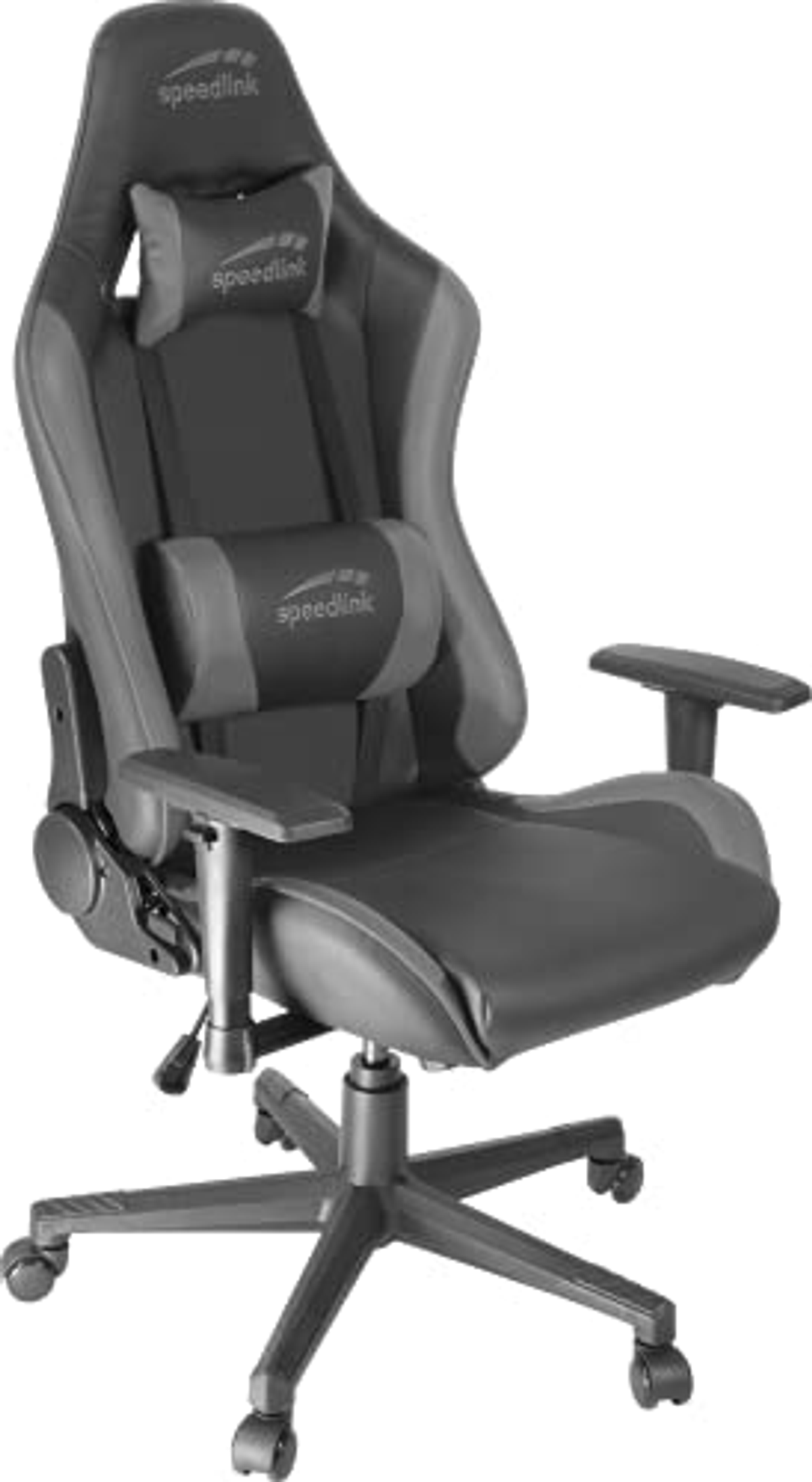 Schwarzer und grauer Gaming-Stuhl mit Kopf- und Lendenwirbelstütze. Speedlink-Logo darauf.
