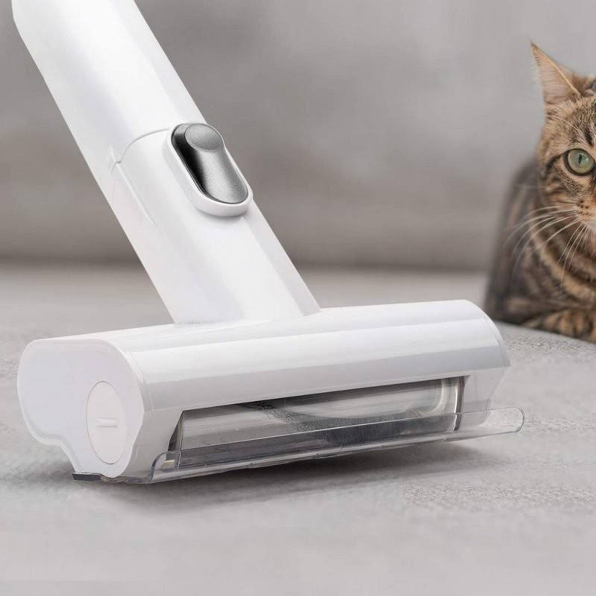 Testa dell'aspirapolvere su superficie grigia. Un gatto sullo sfondo sfocato.