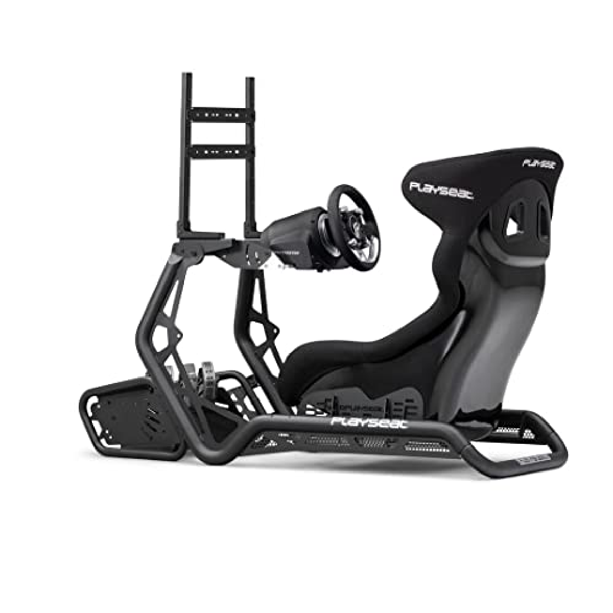 A black Playseat racing simulator setup with a steering wheel, seat, and support frame, on a white background.