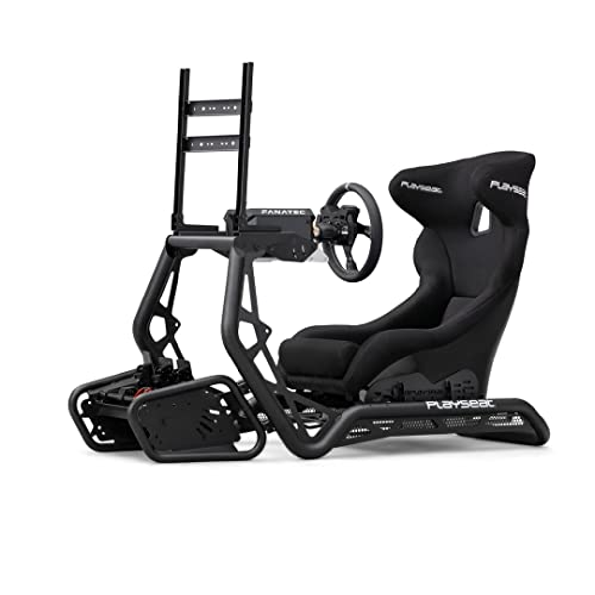 Black racing simulator setup with a steering wheel and seat.