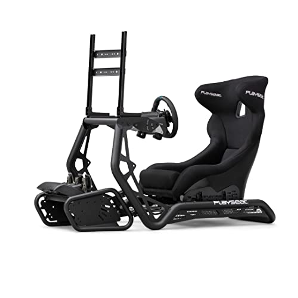 Black racing simulator setup. It has a seat, steering wheel, and pedals. Black frame.