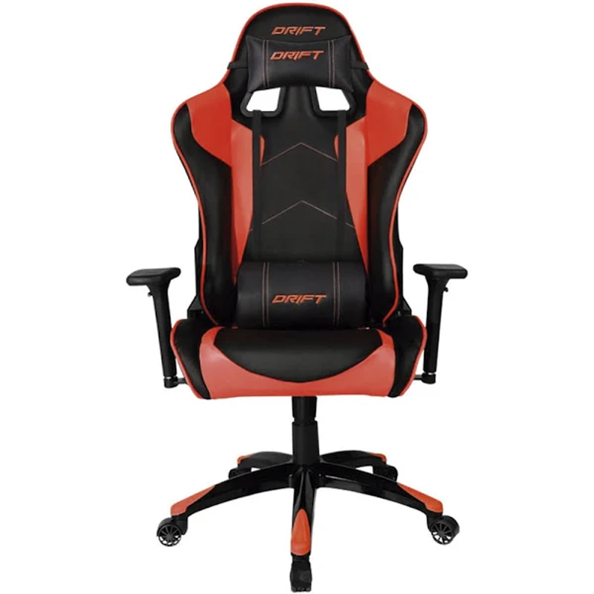 Vista frontal de una silla gaming roja y negra con el logotipo DRIFT. Fondo blanco.