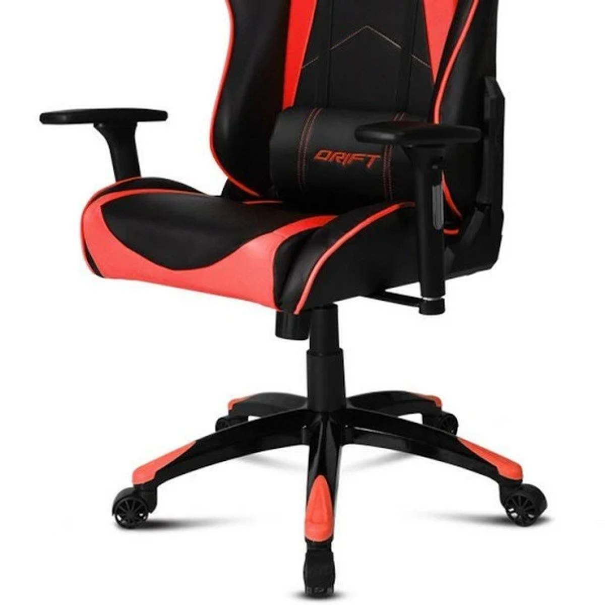 Silla gaming, diseño negro y rojo. Incluye reposacabezas, asiento y reposabrazos. Base negra con ruedas rojas.