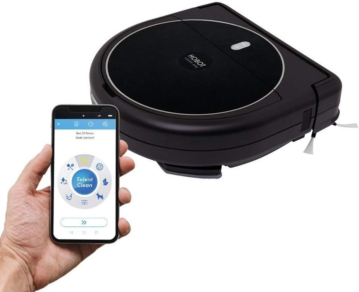 Una aspiradora robot negra con interfaz de smartphone.
